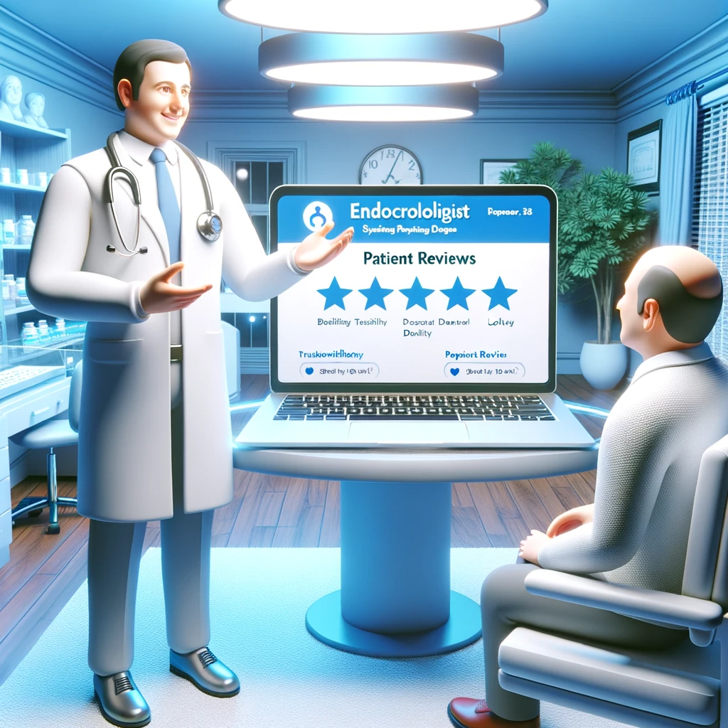 Endocrinólogo en 3D en su clínica iluminada mostrando un sitio web con reseñas positivas de pacientes a un paciente interesado en una laptop moderna