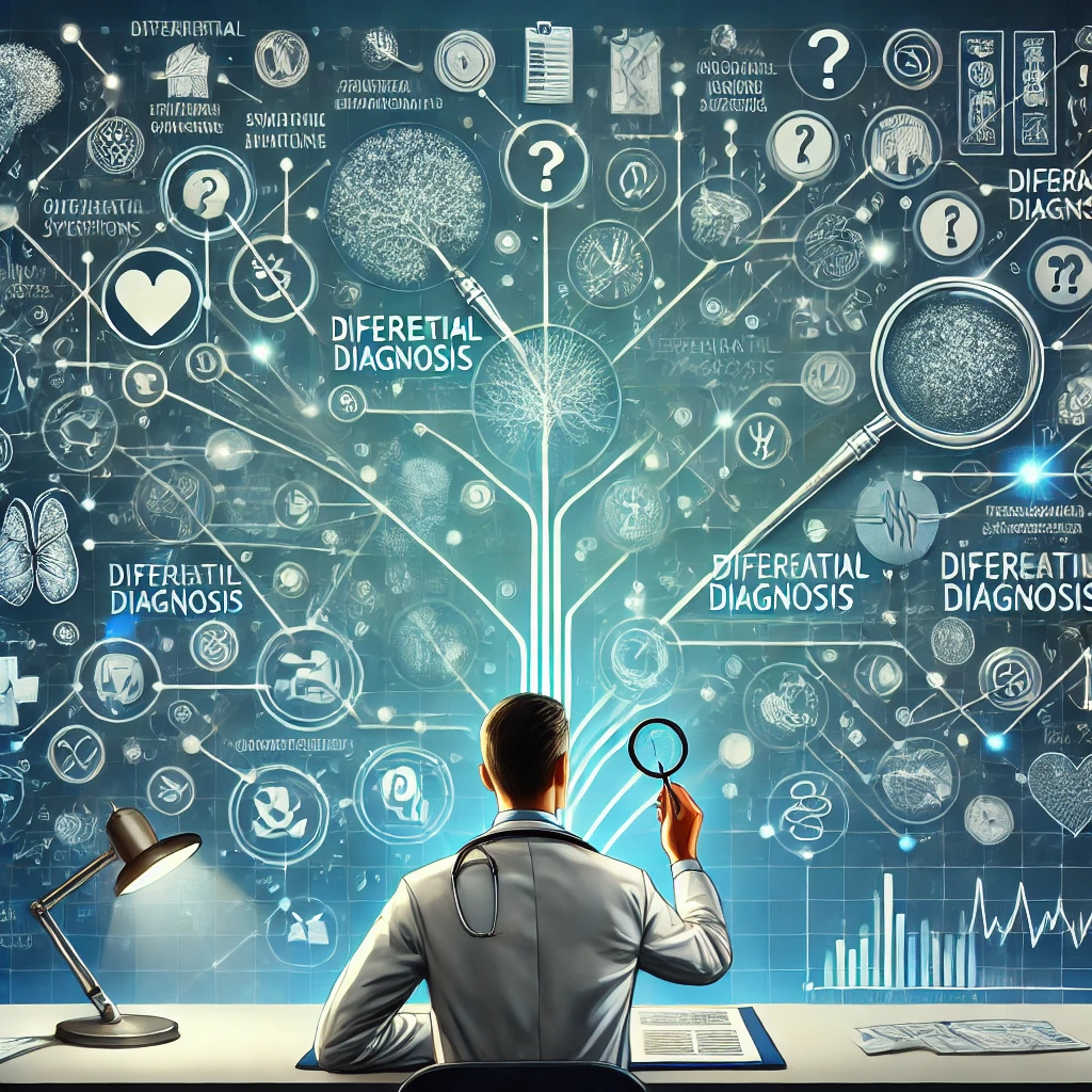 Ilustración de un diagnóstico diferencial que muestra diferentes posibilidades de condiciones médicas en un tablero.