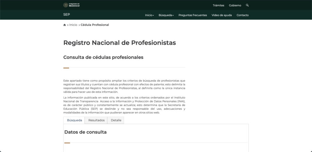 Captura de pantalla del portal de la cédula profesional de la SEP, mostrando opciones de búsqueda y verificación.